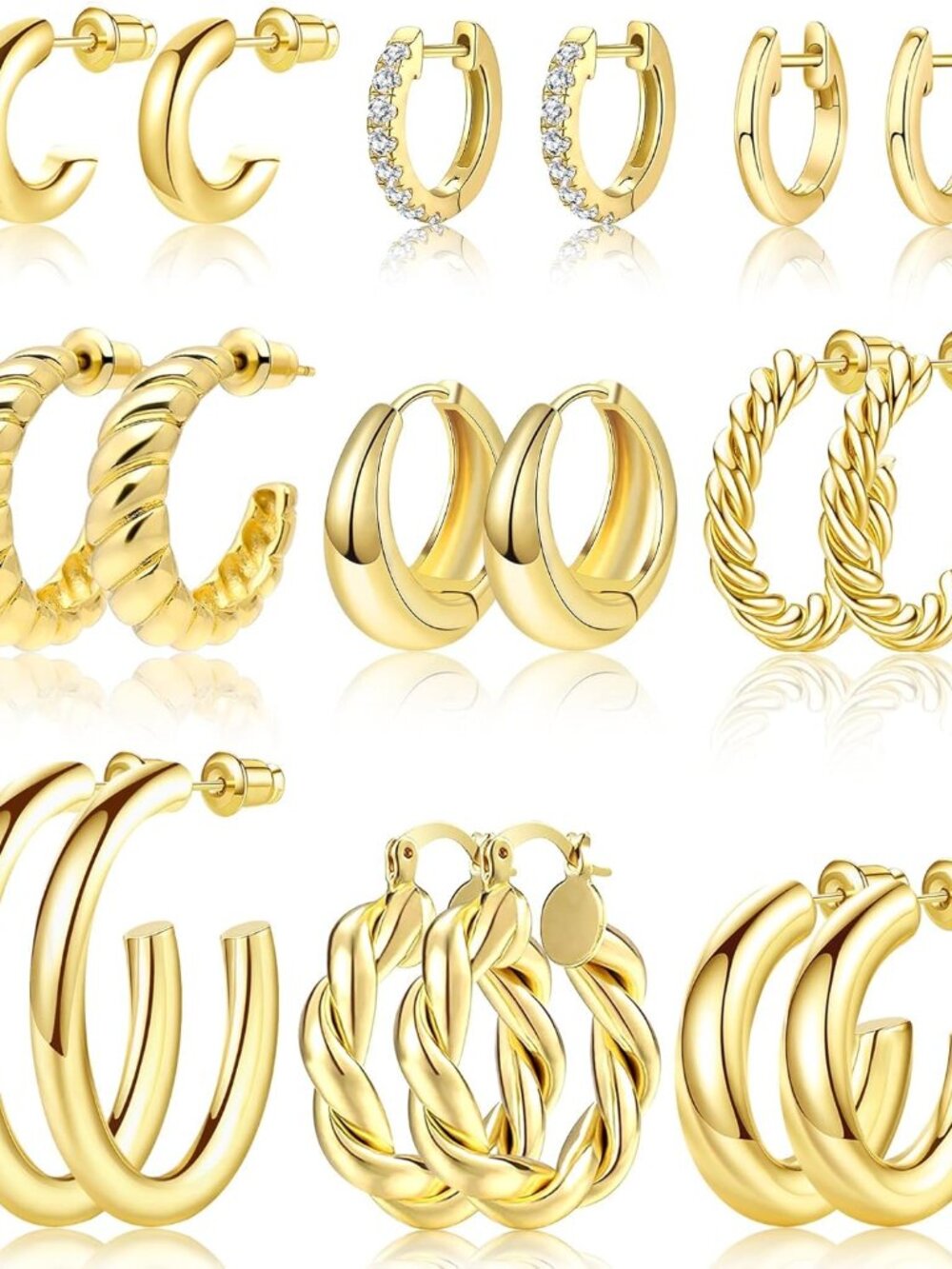 9 Pairs Gold Hoop Earrings Set for Womens Twisted Huggie Hoops Earrings 14K 18K